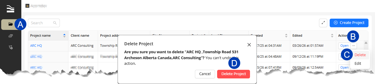 Confirmation dialog for deleting a project with options to cancel or proceed.